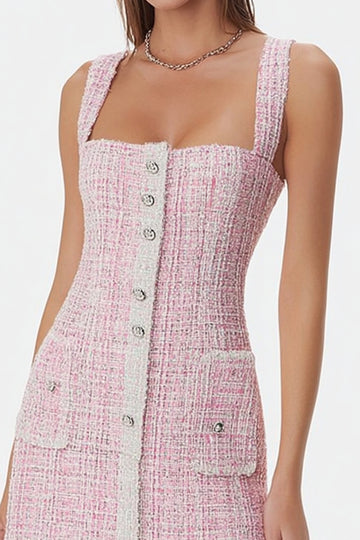 Pink Square Neck Tight Tweed Mini Dress